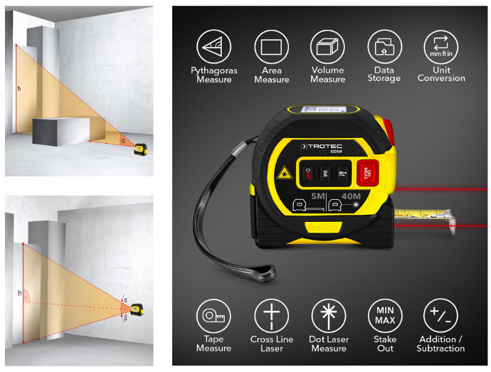 Medidor Láser 60m, 3 en 1 Cinta Metrica Laser, Cinta Métrica 5m, Medidor de  Distancia Láser Digital, Marcado Cruzado con Láser | Almacenamiento de