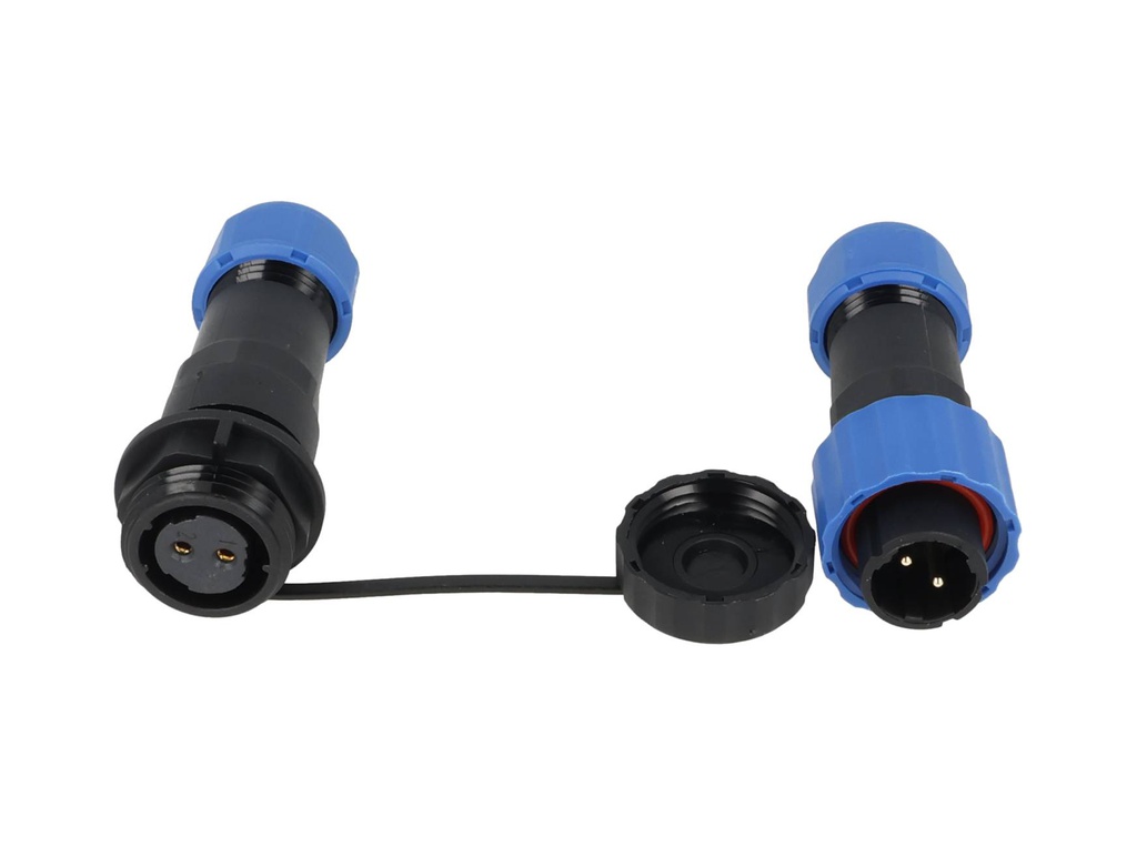 TP-SP16-S2P — CONECTORES EXTENSION/RECTO (PAR) 2 PINIMPERMEABLES IP68, 5A/250VCA DIAMETRO DE BARRENO 16mm, PIN COBRE CHAPEADO EN DORADO/PLATEADO