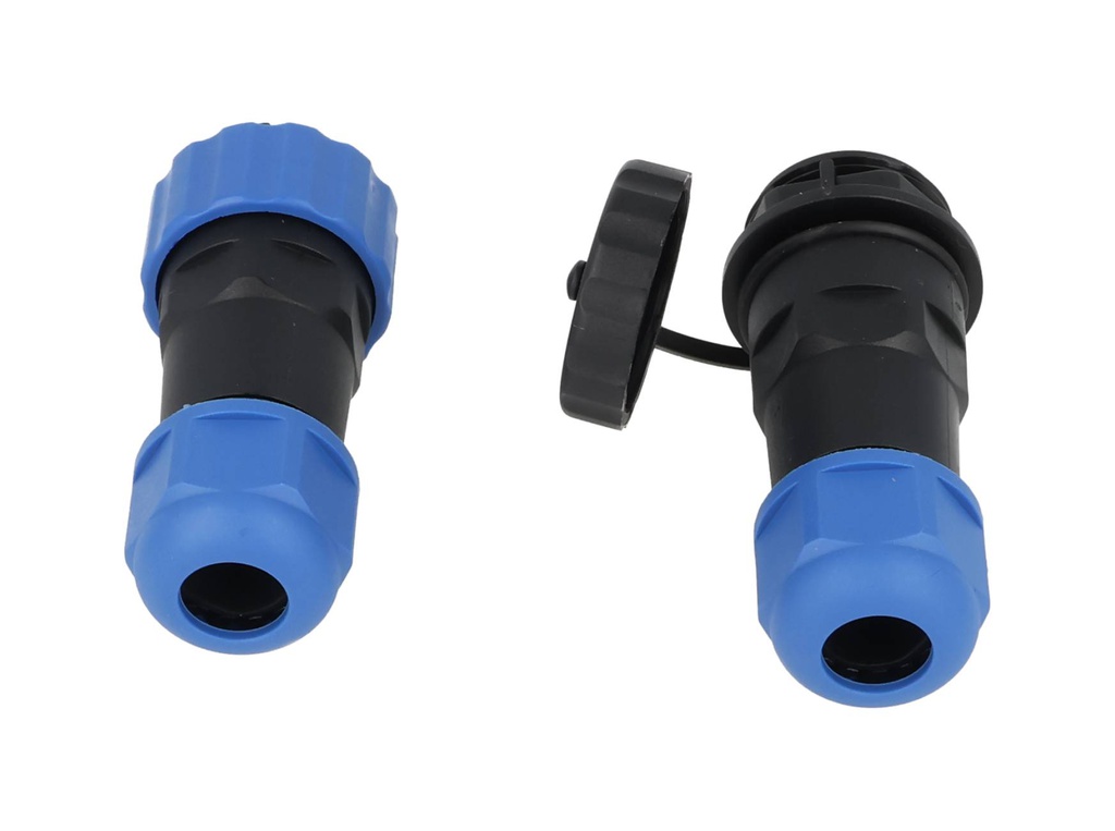 TP-SP20-S4P — CONECTORES EXTENSION/RECTO (PAR) 4PIN, IMPERMEABLES IP68, 25A/250VCA, DIAMETRO DE BARRENO 20mm, PIN COBRE CHAPEADO EN DORADO/PLATEADO