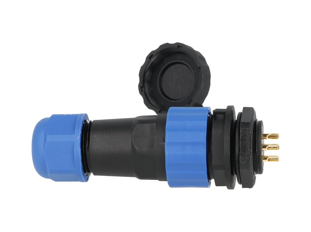 TP-SP20-SP7P — CONECTORES PANEL/RECTO (PAR) 7PIN, IMPERMEABLES IP68, 10A/250VCA, DIAMETRO DE BARRENO 20mm, PIN COBRE CHAPEADO EN DORADO/PLATEADO