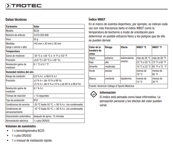 BC25 — TERMOHIGROMETRO R.MEDICION TEMP: -20 °C, A +50 °C, R.MEDICION HUM: 0 A 99,9 % HR