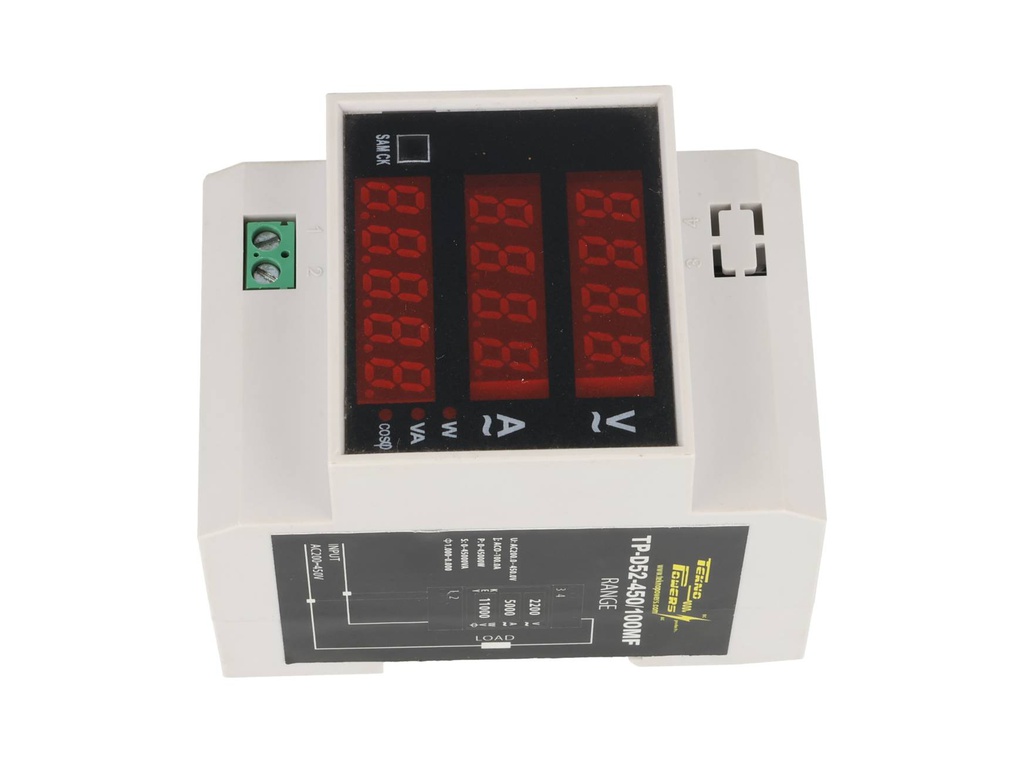 TP-D52-450/100MF — MEDIDOR DIGITAL VOLT/AMP, 220-450VCA/100A, HOROMETRO, MONTAJE EN RIEL DIN, W, KWH, TIMER, FACTOR DE POTENCIA, 30 KW, 99999KWH, FP 0-1, 999.59H