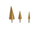 TP-CB3-432 — BROCAS CONICAS JUEGO DE 3 PIZAS. 4-12, 4-20, 4-32mm, PARA MADERA, PLASTICO Y METAL A BAJA Y MEDIA VELOCIAD Y OTROS MATERIALES