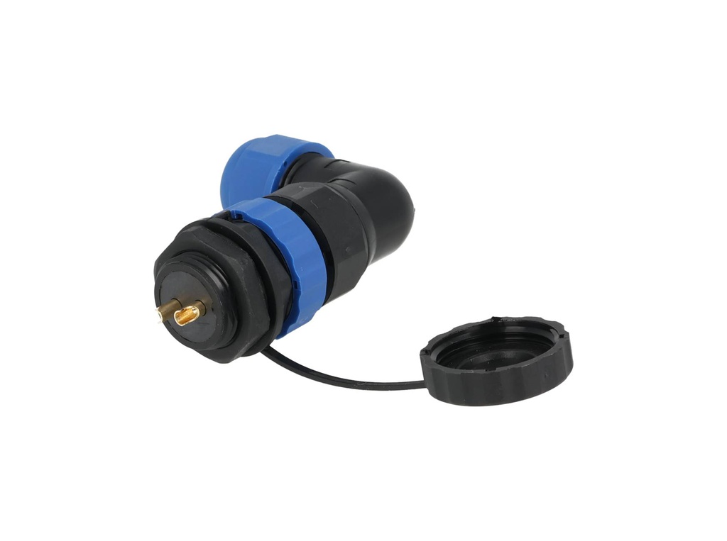 TP-SP20-AP2P — CONECTORES PANEL/ANGULO (PAR) 2PIN, IMPERMEABLES, IP68, 25A/250VCA, DIAMETRO DE BARRENO 20mm, PIN COBRE CHAPEADO EN DORADO/PLATEADO