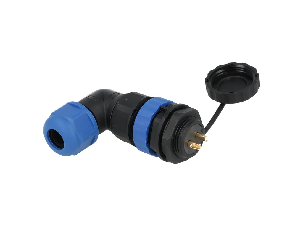 TP-SP20-AP2P — CONECTORES PANEL/ANGULO (PAR) 2PIN, IMPERMEABLES, IP68, 25A/250VCA, DIAMETRO DE BARRENO 20mm, PIN COBRE CHAPEADO EN DORADO/PLATEADO