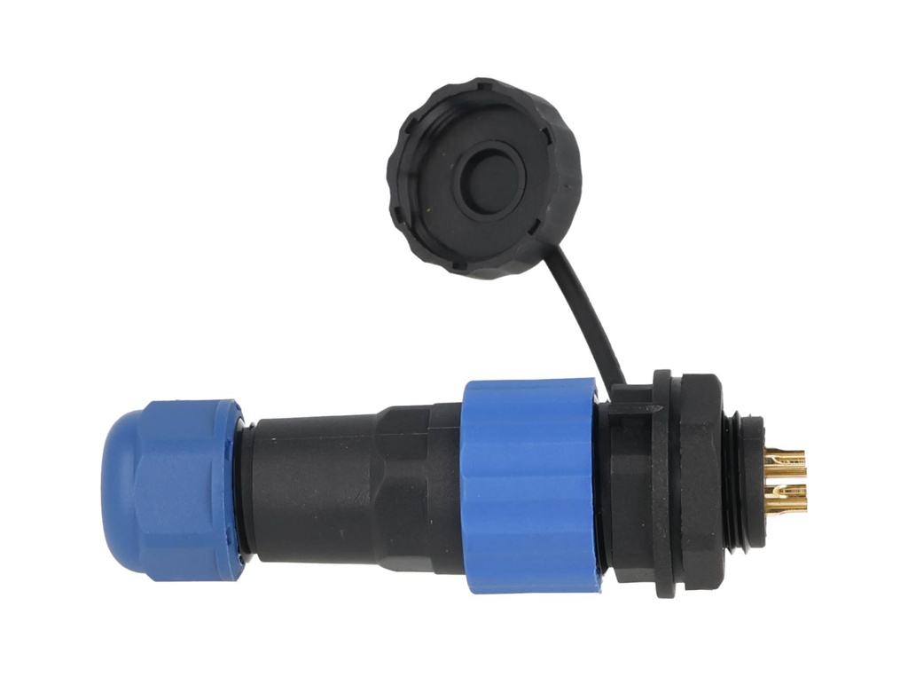 TP-SP16-SP6P — CONECTORES PANEL/RECTO (PAR) 6 PIN IMPERMEABLE IP68, 5A/250VCA, DIAMETRO DE BARRENO 16mm PIN COBRE CHAPEADO EN DORADO/PLATEADO