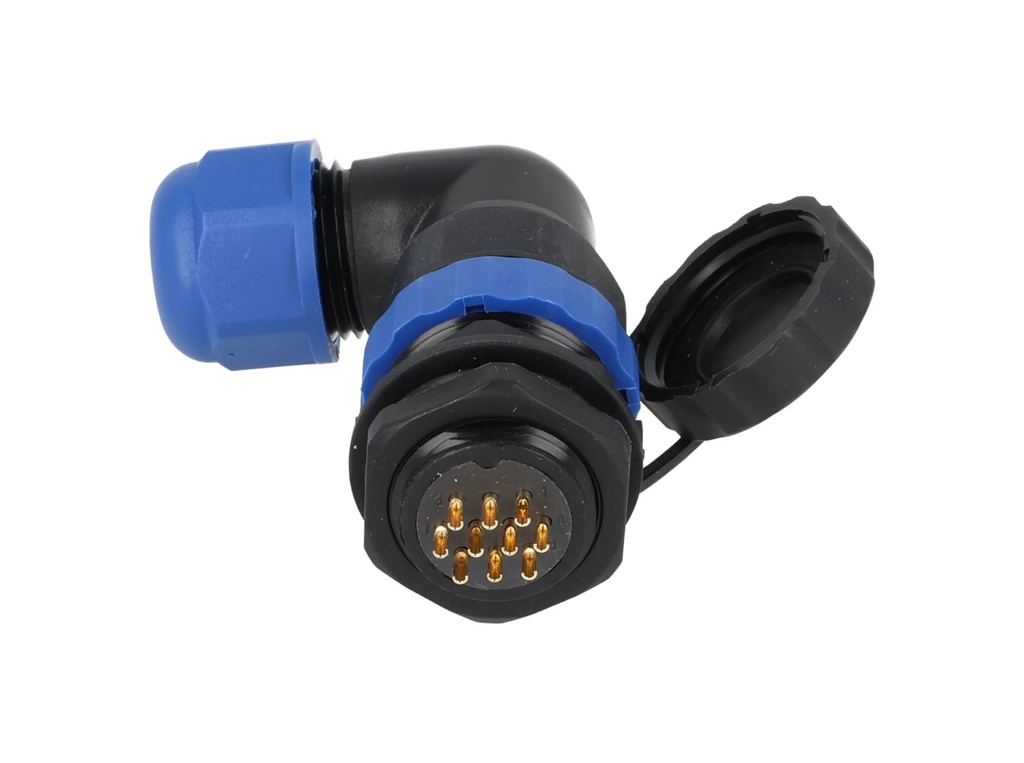 TP-SP20-AP10P — CONECTORES PANEL/ANGULO (PAR) 10PIN, IMPERMEABLES, IP68, 5A/250VCA, DIAMETRO DE BARRENO 20mm, PIN COBRE CHAPEADO EN DORADO/PLATEADO