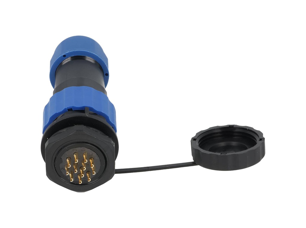 TP-SP20-SP12P — CONECTORES PANEL/RECTO (PAR) 12PIN, IMPERMEABLES, IP68, 5A/250VCA, DIAMETRO DE BARRENO 20mm, PIN COBRE CHAPEADO EN DORADO/PLATEADO