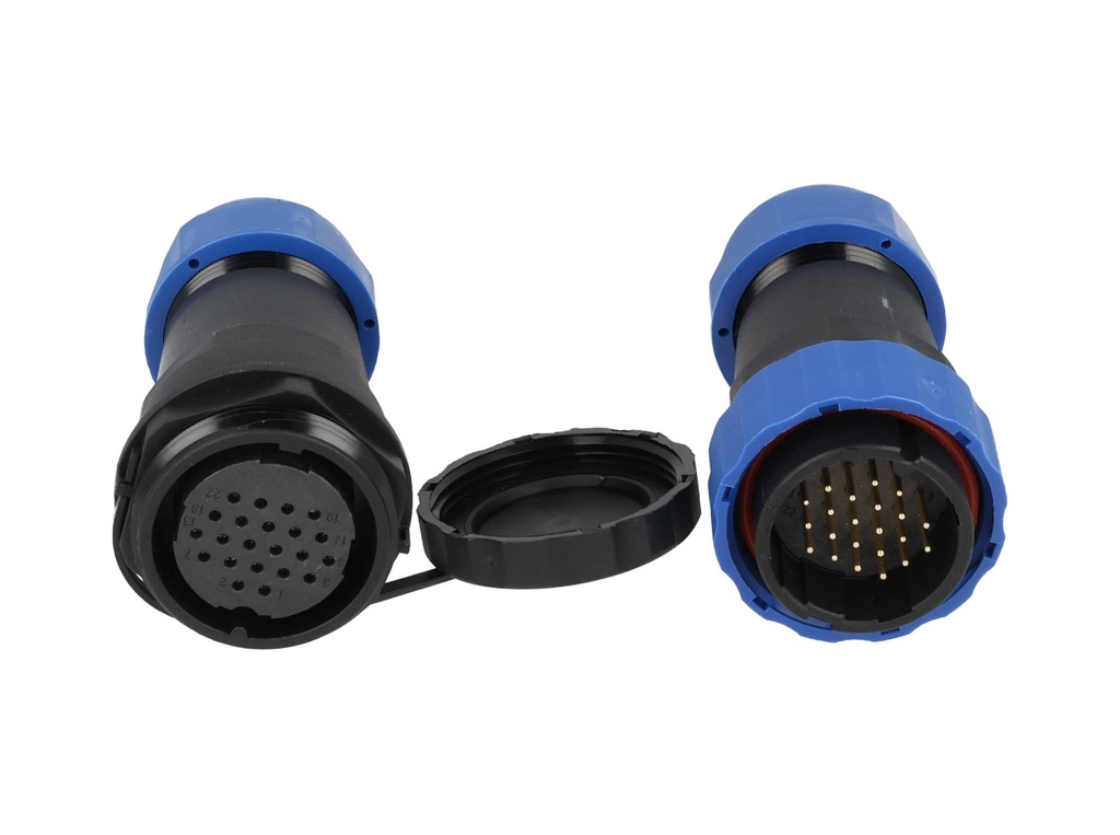 TP-SP28-S22P — CONECTORES EXTENSION/RECTO (PAR) 22PIN, IMPERMEABLES IP68, 5A/250VCA, DIAMETRO DE BARRENO 28mm, PIN COBRE CHAPEADO EN DORADO/PLATEADO