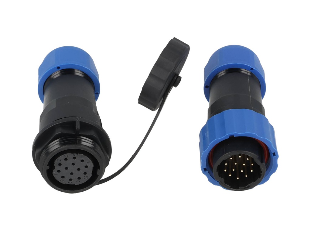 TP-SP20-S14P — CONECTORES EXTENSION/RECTO (PAR) 14PIN, IMPERMEABLES IP68, 5A/250VCA, DIAMETRO DE BARRENO 20mm, PIN COBRE CHAPEADO EN DORADO/PLATEADO 