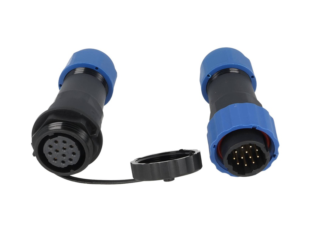 TP-SP20-S12P — CONECTORES EXTENSION/RECTO (PAR) 12PIN, IMPERMEABLES IP68, 5A/250VCA, DIAMETRO DE BARRENO 20mm, PIN COBRE CHAPEADO EN DORADO/PLATEADO