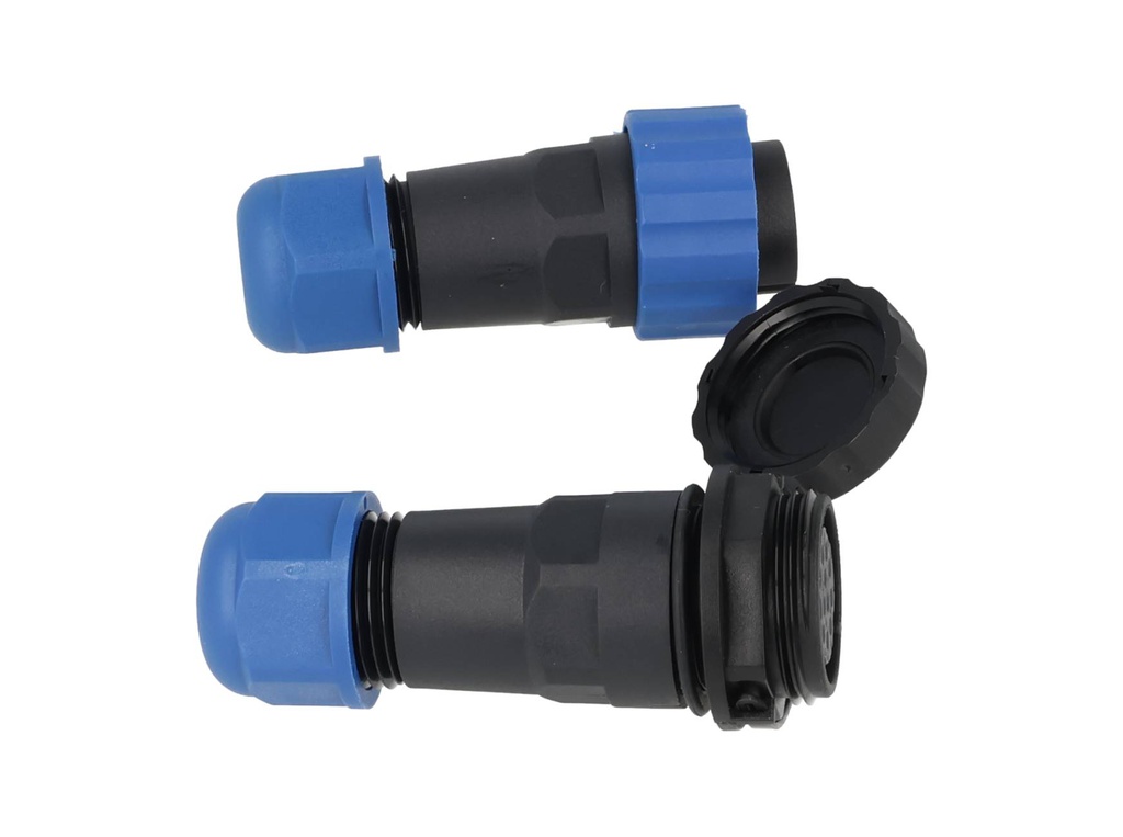 TP-SP20-S12P — CONECTORES EXTENSION/RECTO (PAR) 12PIN, IMPERMEABLES IP68, 5A/250VCA, DIAMETRO DE BARRENO 20mm, PIN COBRE CHAPEADO EN DORADO/PLATEADO