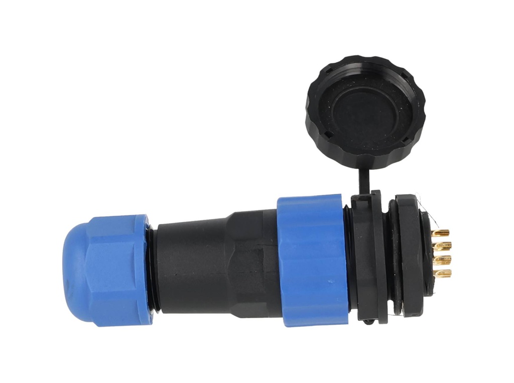 TP-SP20-SP10P — CONECTORES PANEL/RECTO (PAR) 10PIN, IMPERMEABLES, IP68, 5A/250VCA, DIAMETRO DE BARRENO 20mm, PIN COBRE CHAPEADO EN DORADO/PLATEADO