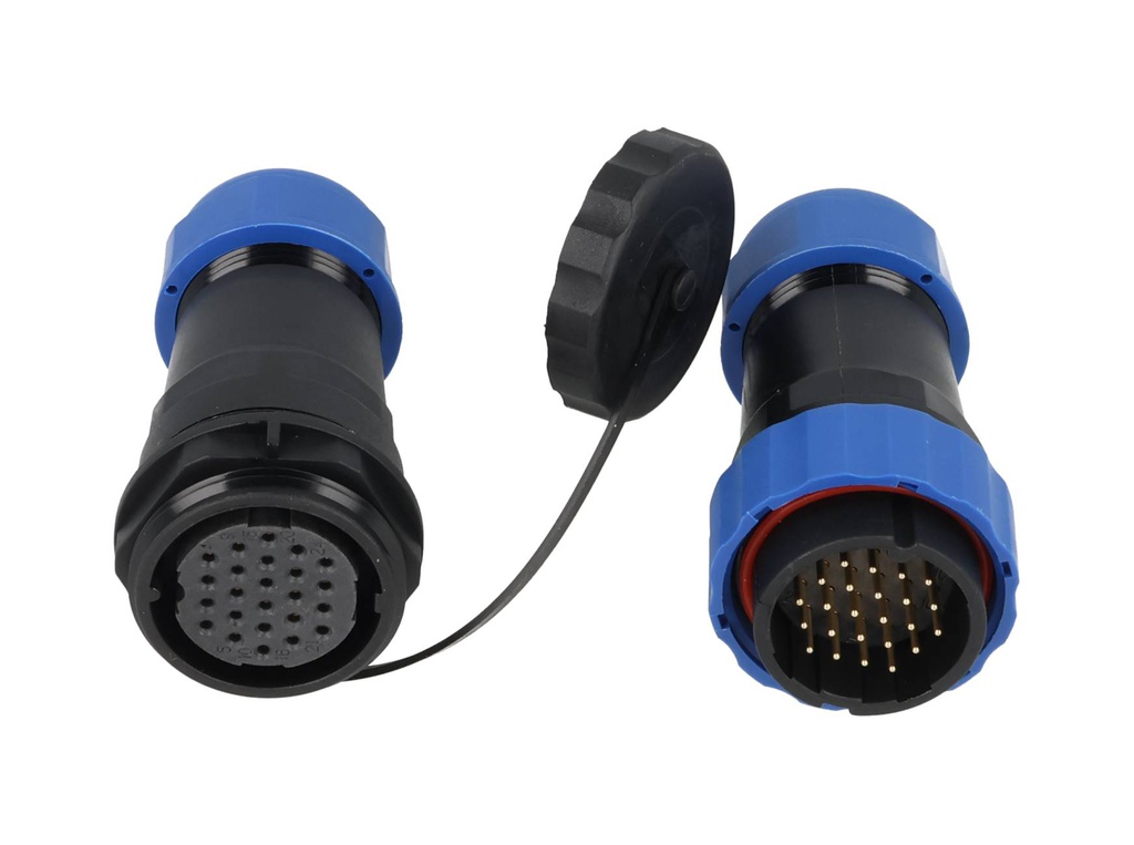 TP-SP28-S24P — CONECTORES EXTENSION/RECTO (PAR) 24PIN, IMPERMEABLES IP68, 5A/250VCA, DIAMETRO DE BARRENO 28mm, PIN COBRE CHAPEADO EN DORADO/PLATEADO