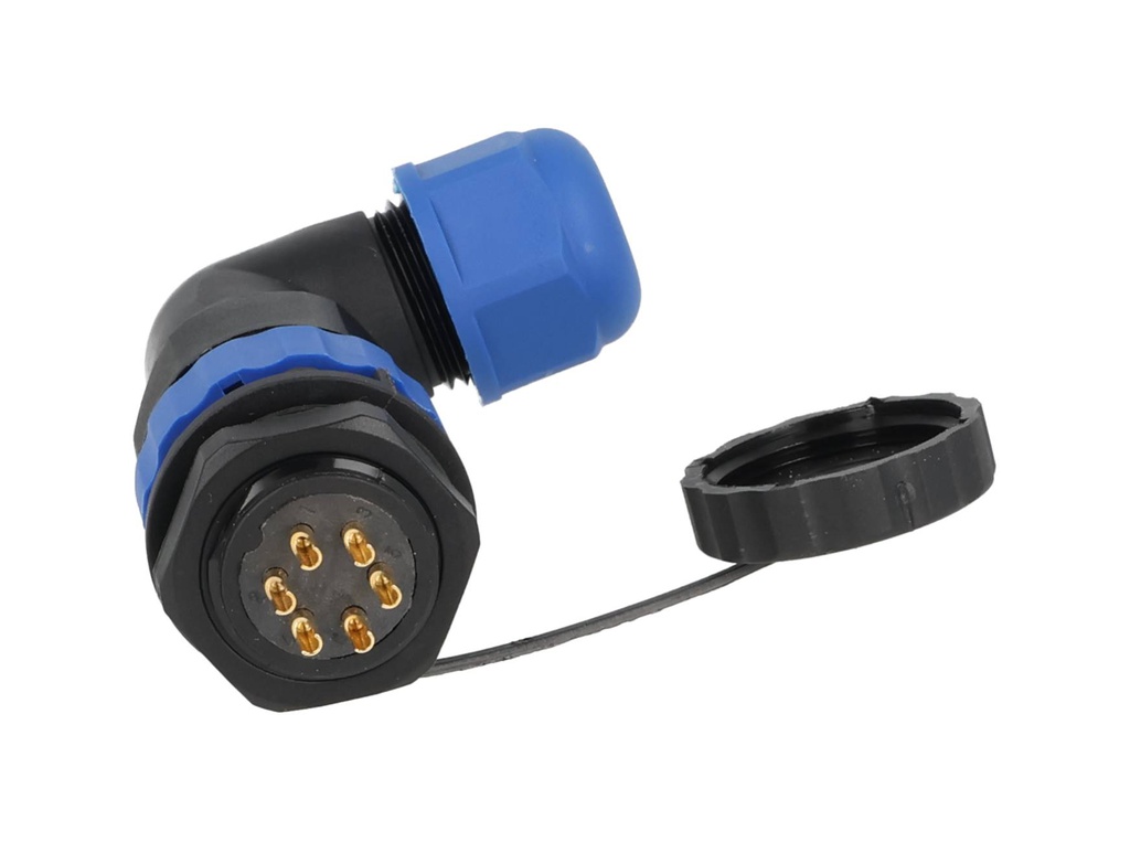 TP-SP20-AP6P — CONECTORES PANEL/ANGULO (PAR) 6PIN, IMPERMEABLES, IP68, 10A/250VCA, DIAMETRO DE BARRENO 20mm, PIN COBRE CHAPEADO EN DORADO/PLATEADO