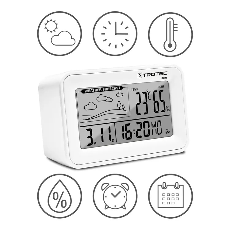 BZ01 — TERMOHIGROMETRO ESTACION METEOROLOGICA CON ALARMA DESPERTADORA, RANGO DE MEDICION -10-50 °C, FORMATO 12/24H