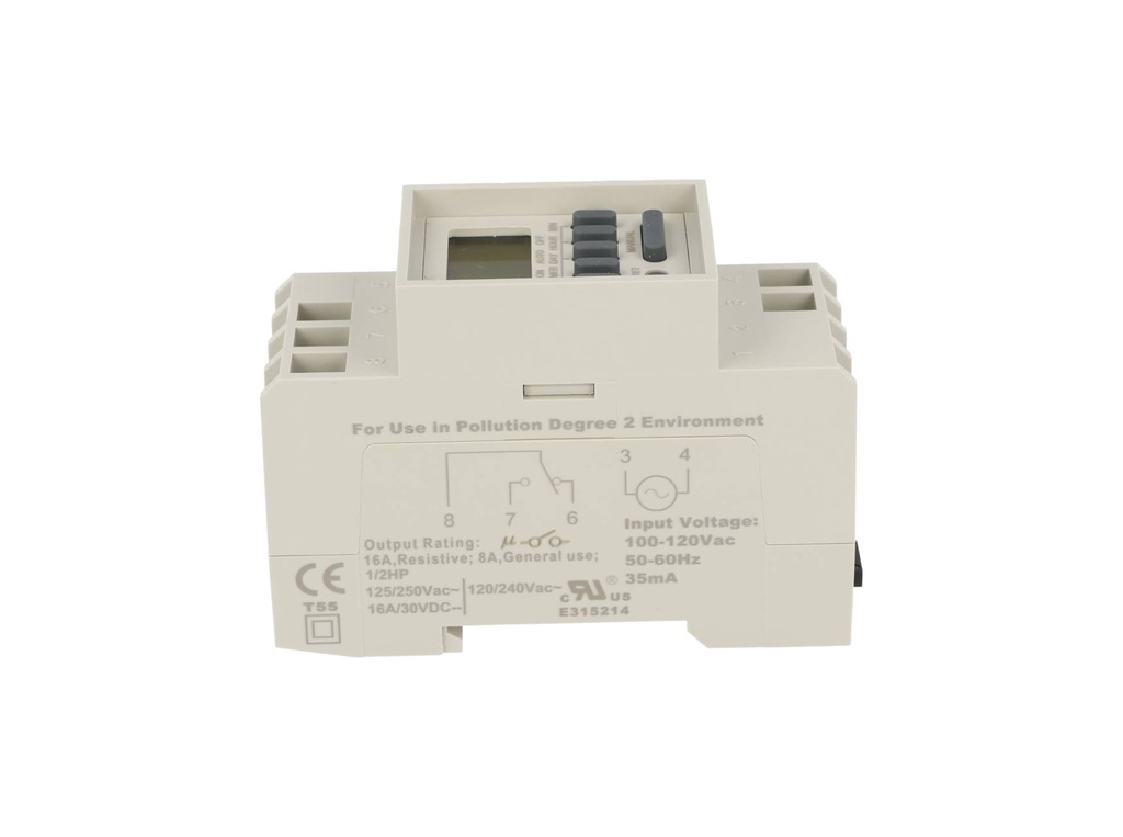TP-TM848-1 — TIMER D SEMANAL, 120VCA, 8/ON-8/OFF 1CON 16AMP./AC1, 3AMP./AC2, BAT.RESP.36H, DIN RIEL