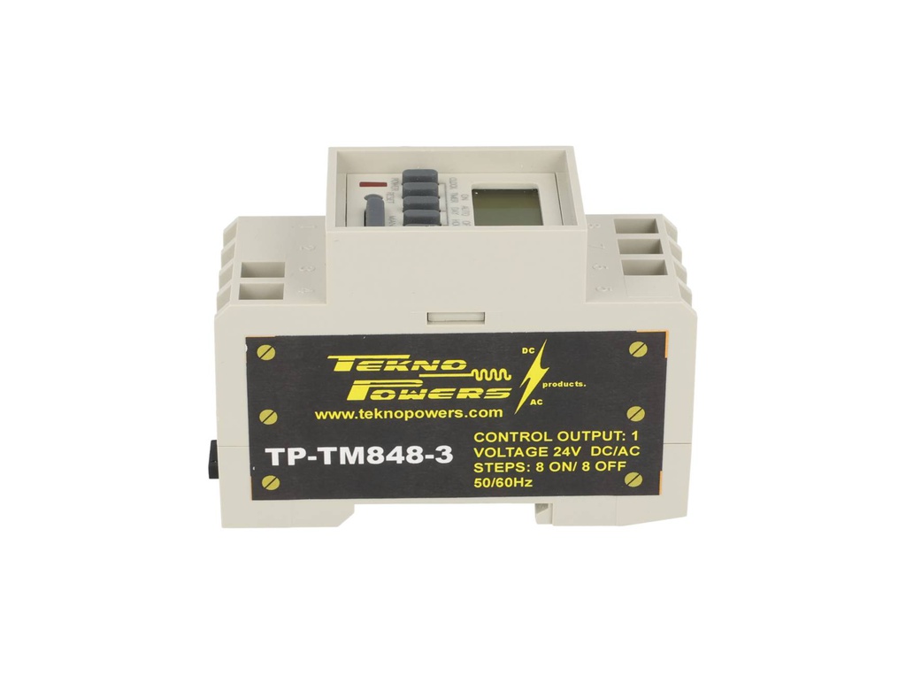TP-TM848-3 — TIMER D SEMANAL, 24VCA, 8/ON-8/OFF, 1CON 16AMP.AC1, 3AMPARA AC2, BAT.RESP.36H, DIN RIEL