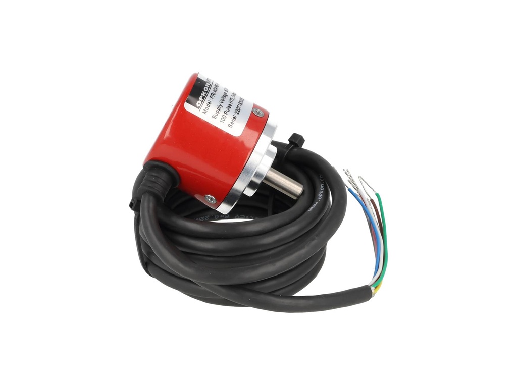 PRI40-100 — ENCODER INCREMENTAL F6mm, 100PPR, D40mm, SALIDA LINEAR DRIVER, ALIMENTACION 5-24VCD, SALIDAS A, B, Z, y ABZ INVERTIDAS, CUERPO ALUMINIO, CABLE 2.5 METROS 
