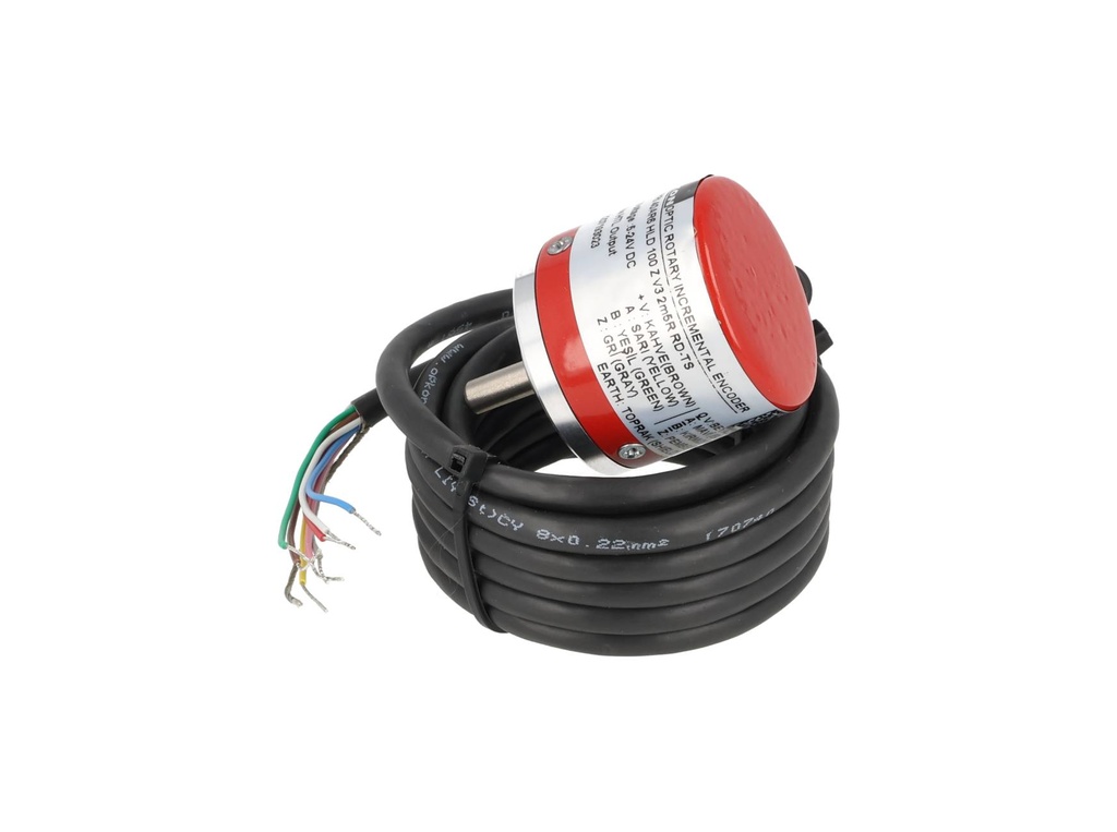 PRI40-100 — ENCODER INCREMENTAL F6mm, 100PPR, D40mm, SALIDA LINEAR DRIVER, ALIMENTACION 5-24VCD, SALIDAS A, B, Z, y ABZ INVERTIDAS, CUERPO ALUMINIO, CABLE 2.5 METROS 