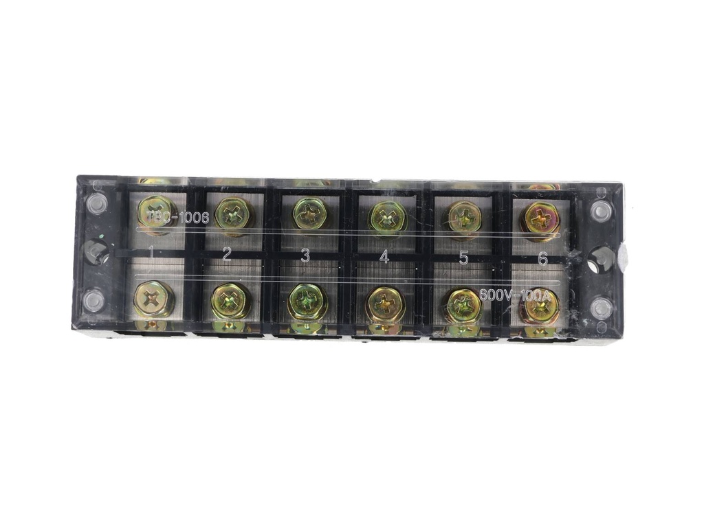 TB-10006 — BLOQUE DE TERMINALES MONTAJE FIJO 100AMP6 POLOS, 600V, CALIBRE 8 AWG 100°C,  (A PRUEBA DE FUEGO) 34x150x43mm