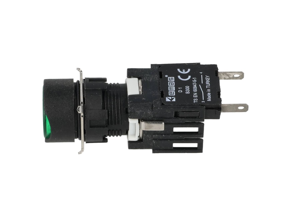 D100YDY — BOTON PULSADOR 16mm, NO ILUMINADO VERDE, RASANTE MOMENATNEO RESTADO NDO, INCLUYE 1CON NA (MAXIMO 2 CONTACTOS) 