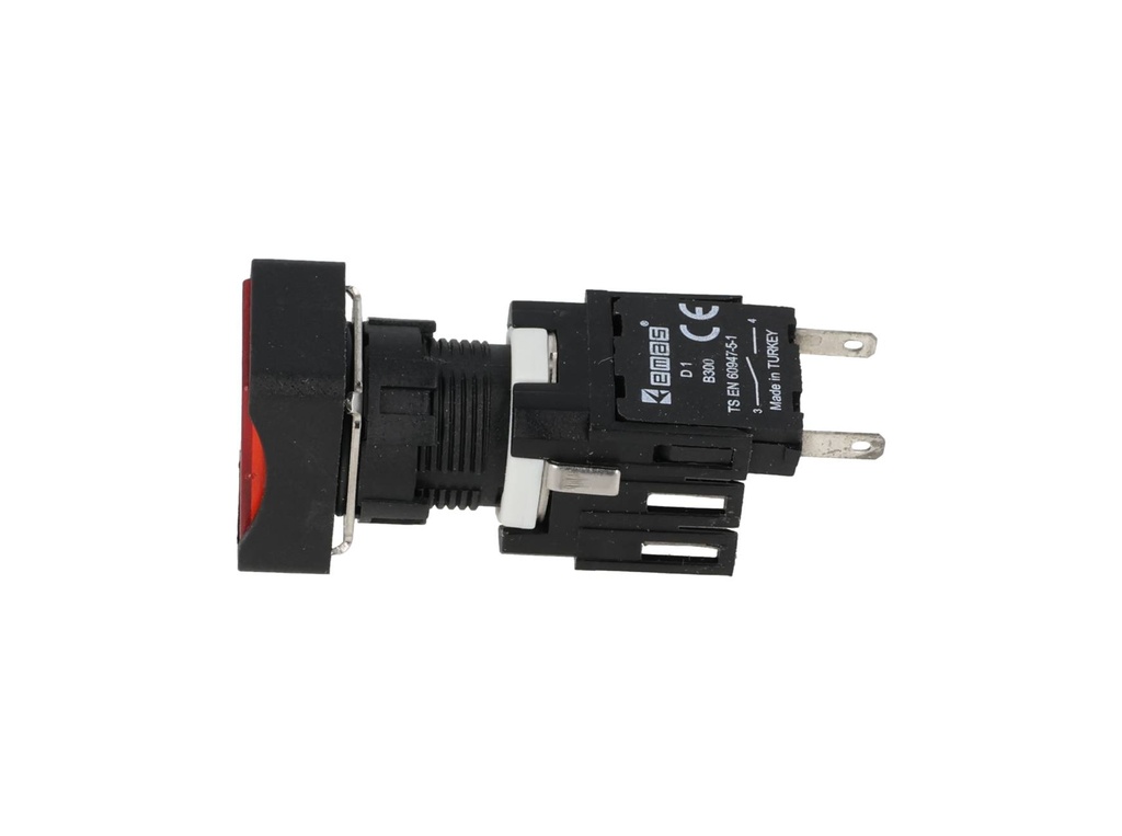 D100DDK — BOTON PULSADOR 16mm, NO ILUMINADO ROJO, RASANTE MOMENTANEO RECTANGULAR INCLUYE 1CON NA (MAXIMO 2 CONTACTOS) 