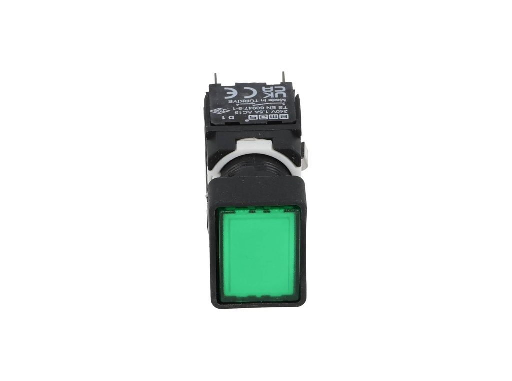 D100DDY — BOTON PULSADOR 16mm, NO ILUMINADO VERDE, RASANTE MOMENTANEO RECTANGULAR, INCLUYE 1CON NA (MAXIMO 2 CONTACTOS) 