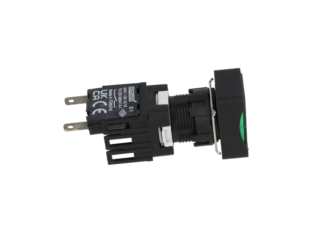 D100DDY — BOTON PULSADOR 16mm, NO ILUMINADO VERDE, RASANTE MOMENTANEO RECTANGULAR, INCLUYE 1CON NA (MAXIMO 2 CONTACTOS) 