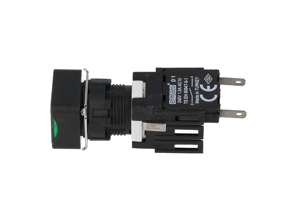 D100KDY — BOTON PULSADOR 16mm, NO ILUMINADO VERDE, RASANTE MOMENTANEO CUADRADO, INCLUYE 1CON NA (MAXIMO 2 CONTACTOS) 