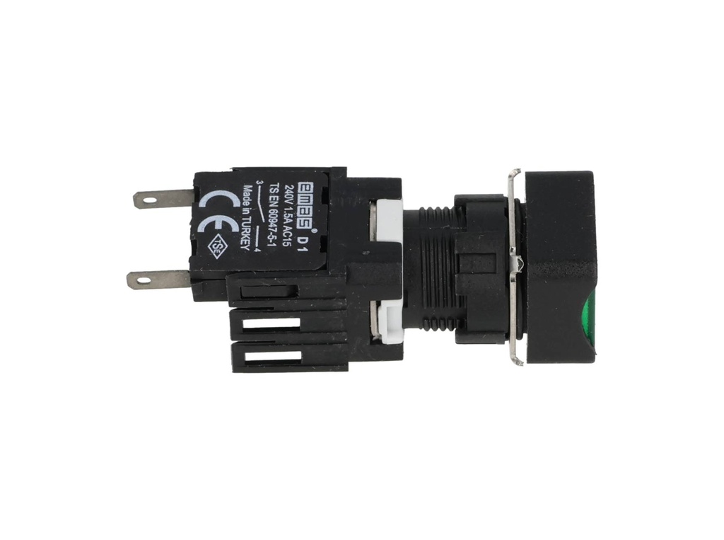 D100KDY — BOTON PULSADOR 16mm, NO ILUMINADO VERDE, RASANTE MOMENTANEO CUADRADO, INCLUYE 1CON NA (MAXIMO 2 CONTACTOS) 