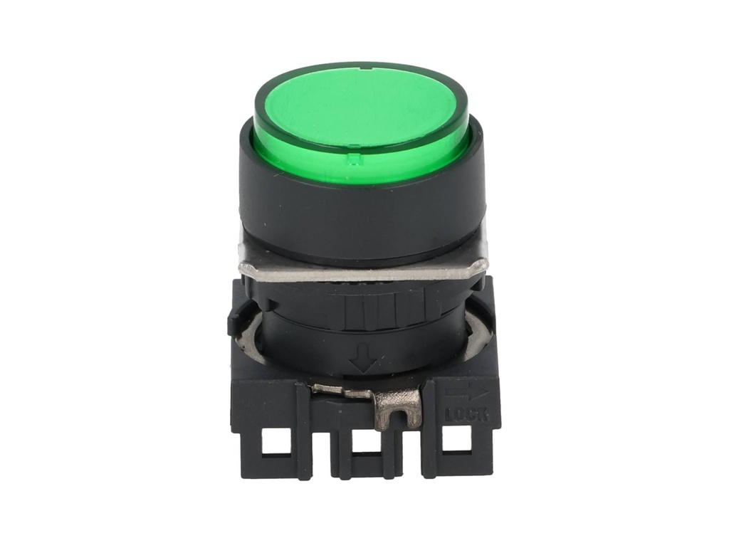 S16PR-E2G — BOTON PULSADOR VERDE 16mm, MANTENIDO, NO ILUMINADO, REDONDO SALIENTE 