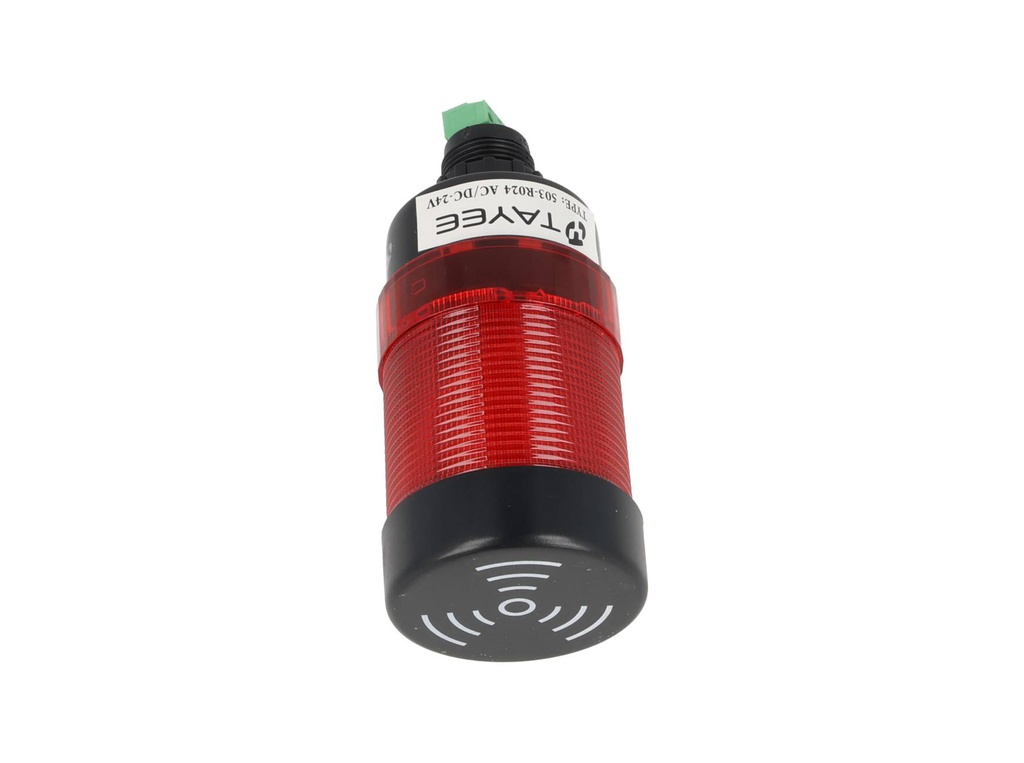 503-R024 — FAROLA ROTATIVA LED ROJO 50mm 24VCA/CD CON BUZZER 80DB BARRENO BASE 22mm