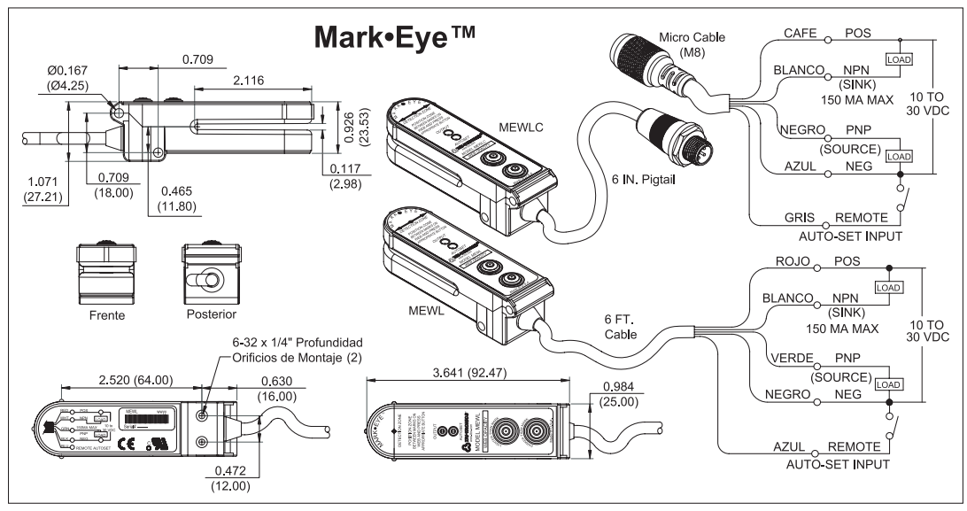 MEWL — LECTOR ETIQUETAS, TIPO U LUZ, BLANCA, NPN-PNP, NA, 10-30VCD /150MA1KHZ SENSADO DE 454mm