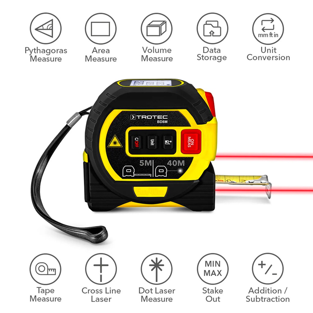 BD8M — MEDIDOR LASER 3 EN 1 CINTA METRICA FLEXIBLE (5M) LASER LINEAS CRUZADAS Y LASER DE DISTANCIA (40M)