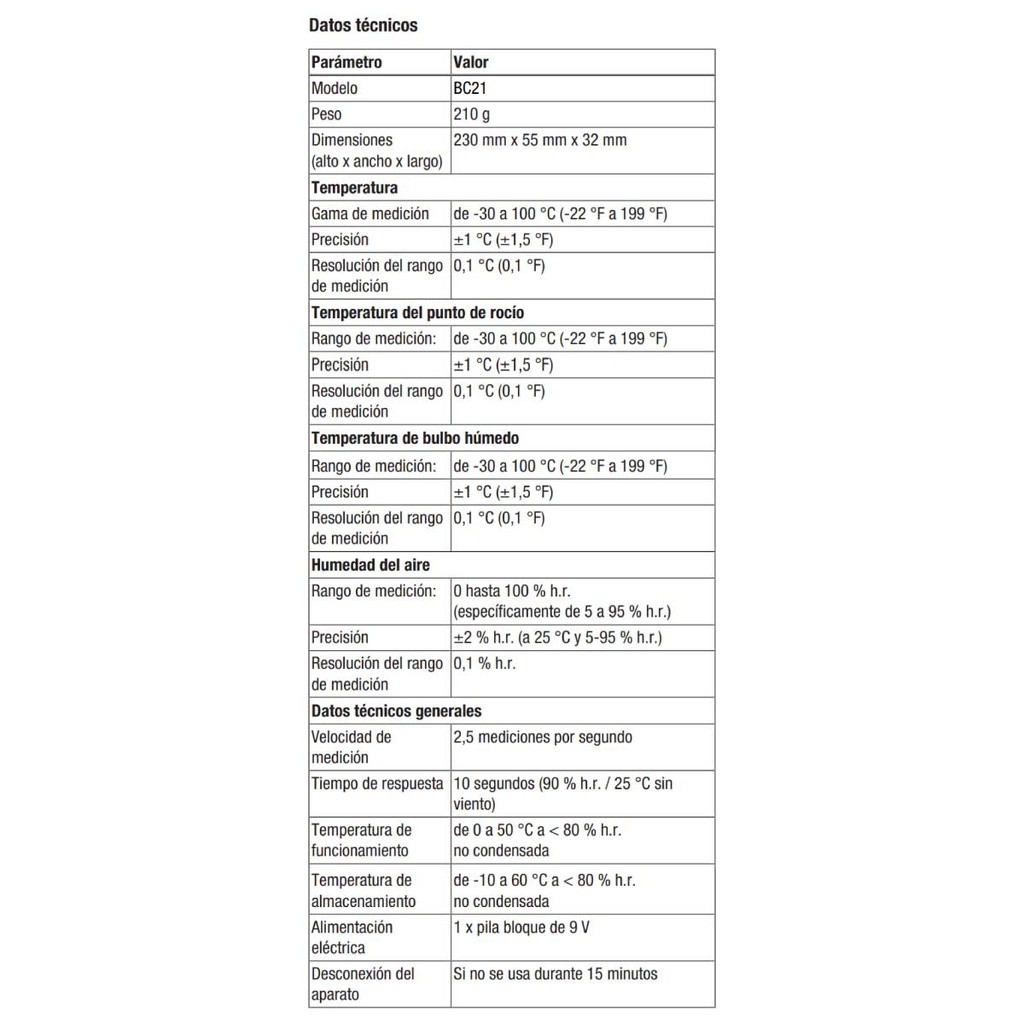 BC21 — TERMOHIGROMETRO MEDICION EN -30 A 100°C y °F DE BOLSILLO