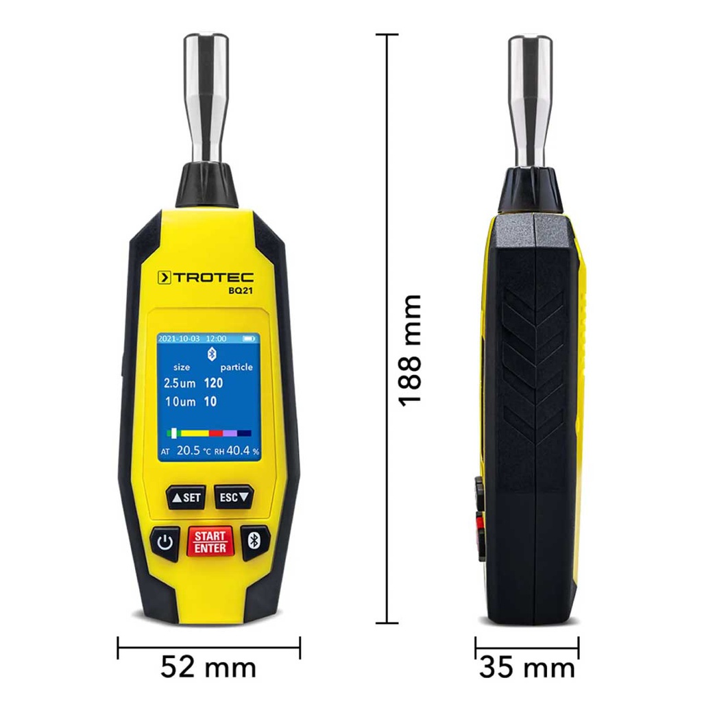 BQ21 — CONTADOR DE PARTICULAS POR BLUETOOTH® CON APP PARA TELÉFONO REGISTRO Y EVALUACIÓN DE CARGA DE PARTÍCULAS FINAS POLVO DE CLASE E (PM10) Y POLVO DE CLASE A (PM2.5)