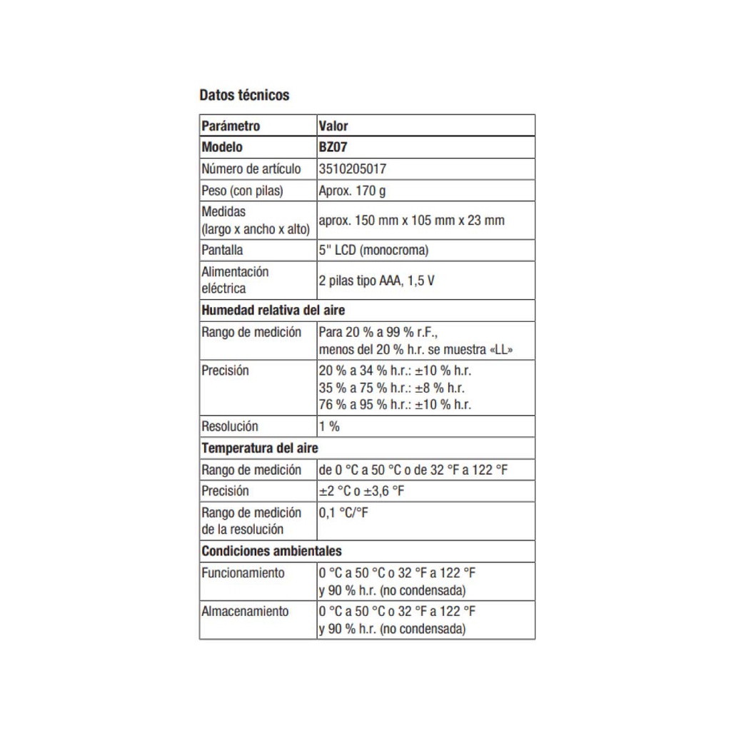 BZ07 — TERMOHIGROMETRO VISUALIZACION SIMULTANEARANGO DE TEMPERATURA 0 °C a +50 °C.