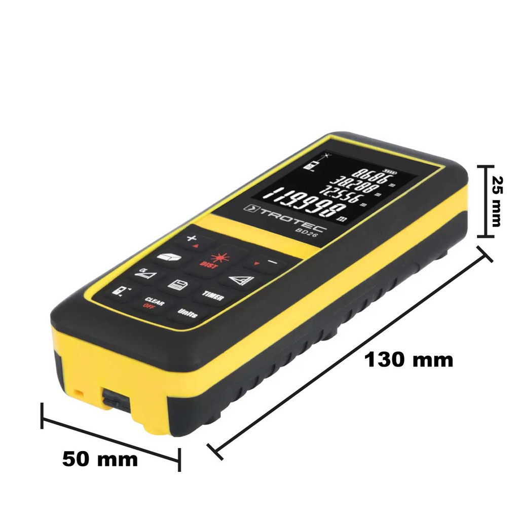 BD26 — MEDIDOR DE DISTANCIA 0, 05 a 120 m (0, 16a 393 pies) CON SENSOR DE INCLINACIÓN DE 90° PARA MEDIR LA DISTANCIA DE DIVERSAS MANERAS