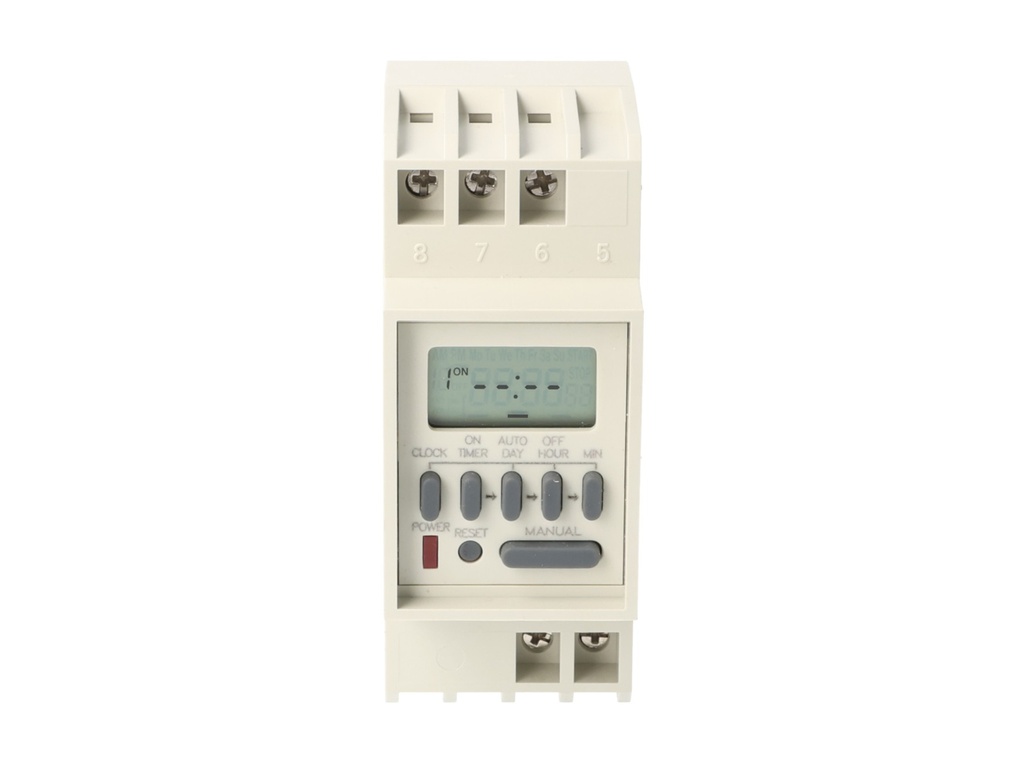 TP-TM848-1 — TIMER D SEMANAL, 120VCA, 8/ON-8/OFF 1CON 16AMP./AC1, 3AMP./AC2, BAT.RESP.36H, DIN RIEL