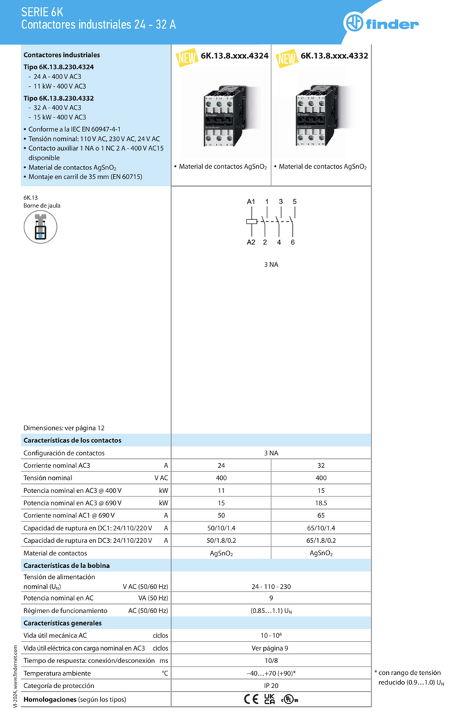 6K1380244332 — Contactor Industrial 24V AC 3NA 32 A Finder 6K1380244332