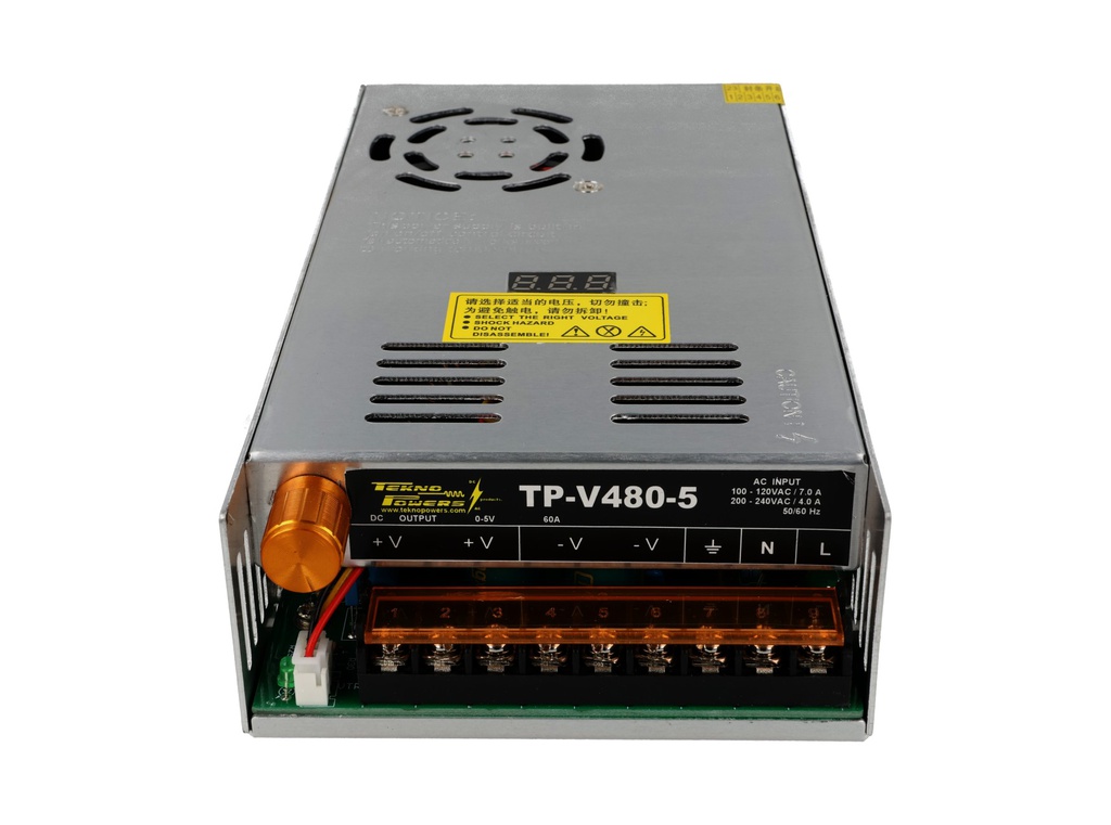 TP-V480-5 — FUENTE VARIABLE 480W/96A, 0-5VCD, VOLTAJE ENTRADA 100-120V/200-240V, CON DISPLAY INDICADOR, MEDIDA: 215X114X49mm