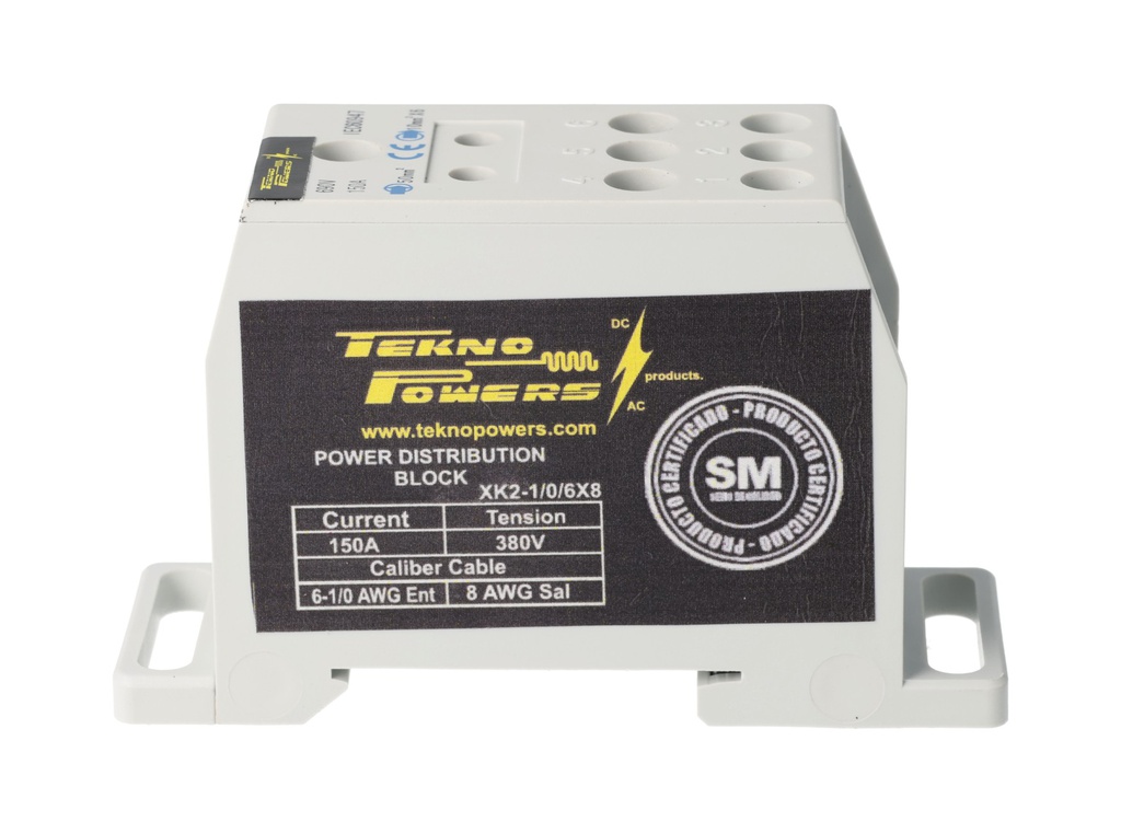 XK2-1/0/6X8 — BLOQUE DE DISTRIBUCION MULTIPROPOSITO 150A MAX6 CONDUCTORES, CALIBRE 8 AWG