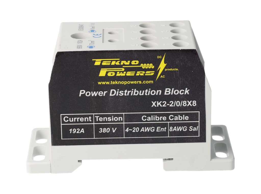 XK2-2/0/8X8 — BLOQUE DE DISTRIBUCION MULTIPROPOSITO 192A MAX.8 CONDUCTORES, CALIBRE 8 AWG