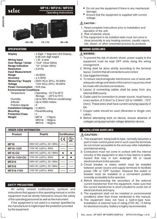 MP14-110 — MEDIDOR DIGITAL FACTOR DE POTENCIA 48X96 110V