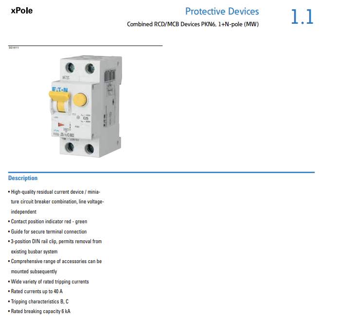 PKNM-25/1N/C/003 — BREAKER 25 A, 30 mA COMBINADO + DIFERENC