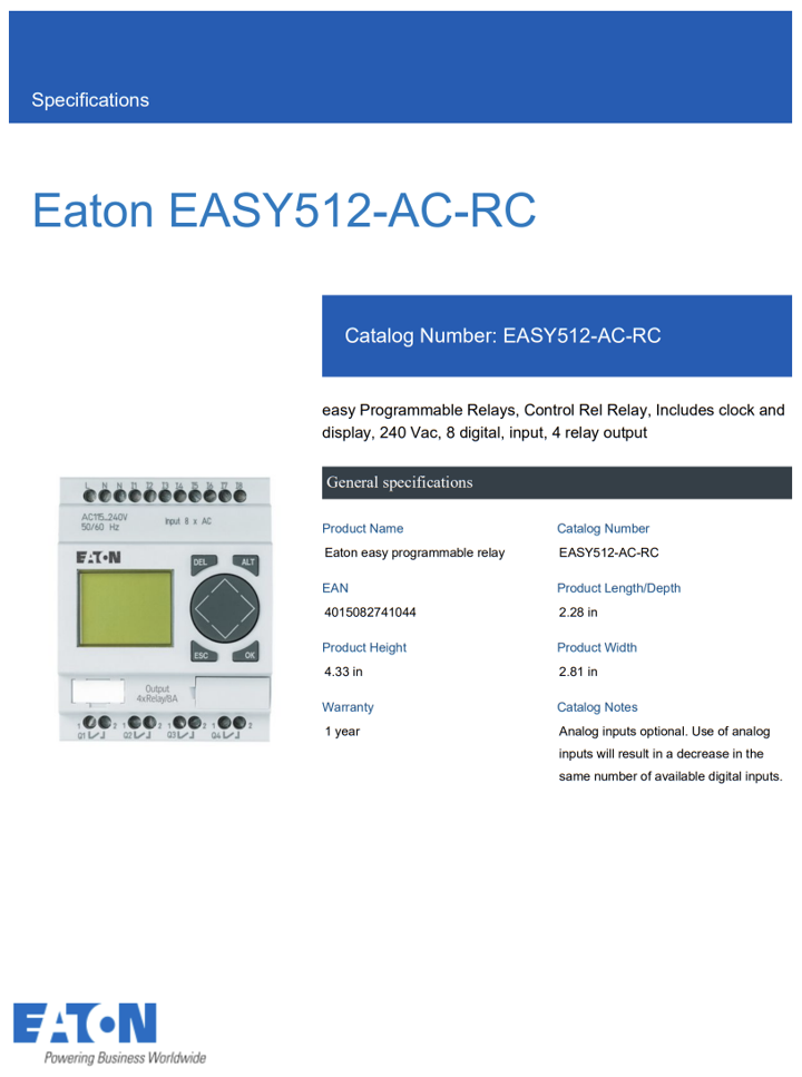 EASY512-AC-RC — RELEVADOR PROGRAMABLE SERIE EASY 500, 8 ENTRADAS 4 SALIDAS