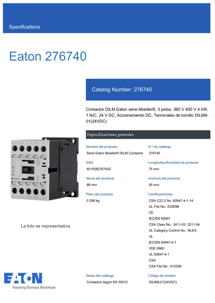 DILM9-01(24VDC) — CONTACTOR 3 POLOS 380 V 400 V 4 kW, 1 NC