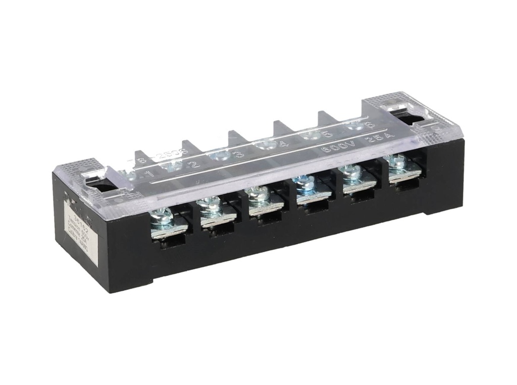 TB-2506 — BLOQUE DE TERMINALES MONTAJE FIJO 25AMP6 POLOS, 600V, CALIBRE 14 AWG,  100°C,  (A PRUEBA DE FUEGO) 19x91x30mm