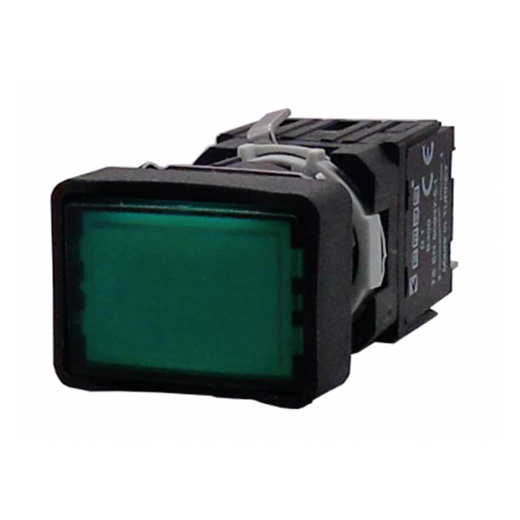 D100DDY — BOTON PULSADOR 16mm, NO ILUMINADO VERDE, RASANTE MOMENTANEO RECTANGULAR, INCLUYE 1CON NA (MAXIMO 2 CONTACTOS) 